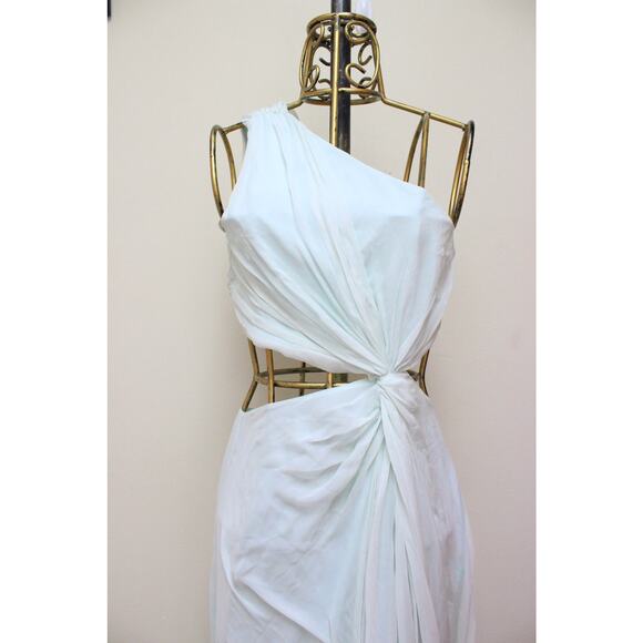 Cinq a Sept Blue Grass Goldie One Shoulder Ruched Cutout Silk Flowy Dress Size 6 - Picture 4 of 8